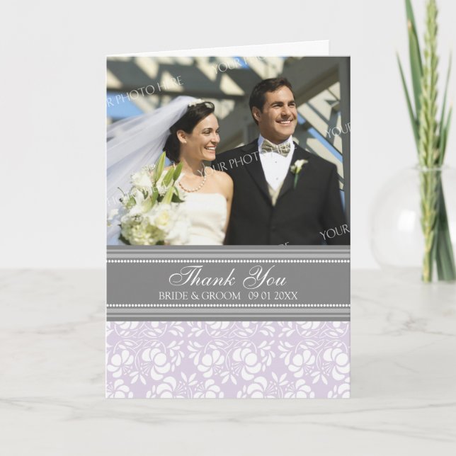 Lilac Grey Photo Wedding Thank You Card (Front)