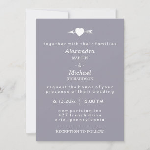 Lilac Grey with Heart and Arrow Elegant Wedding Invitation