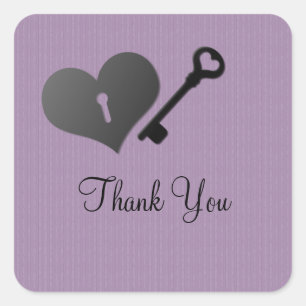 Lilac Heart Lock and Key Thank You Stickers