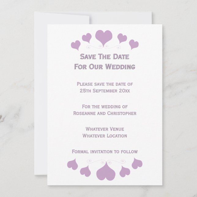 Lilac Hearts Design Wedding Save The Date (Front)