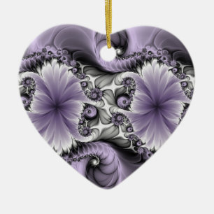Lilac Illusion Abstract Floral Fractal Art Heart Ceramic Ornament