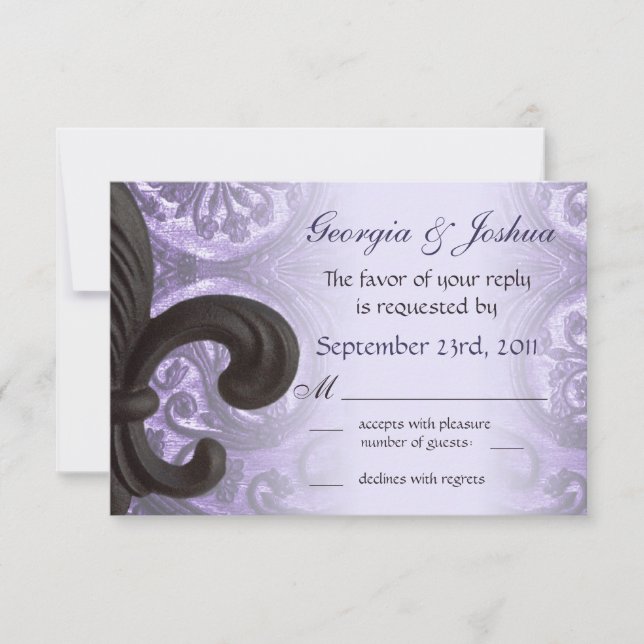 lilac "iron fleur de lis" Wedding RSVP Card (Front)