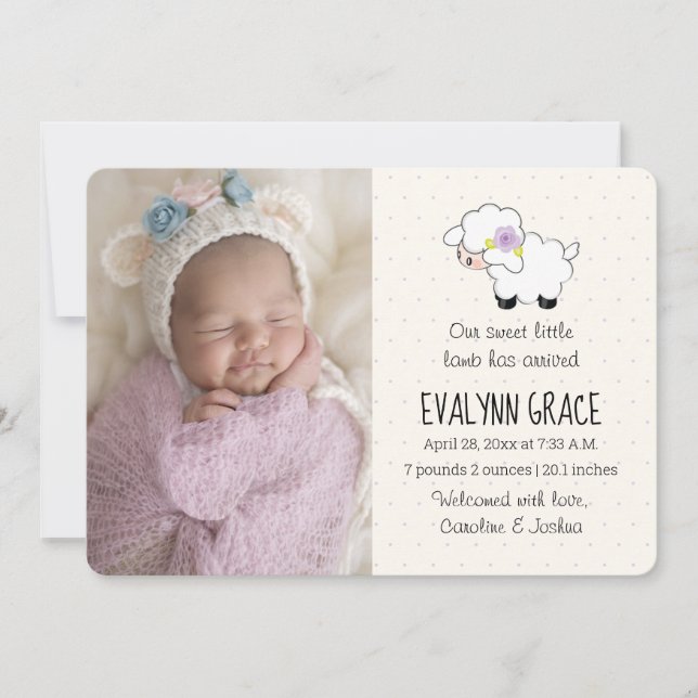 Lilac Lamb Spring Photo Collage Birth Announcement (Front)