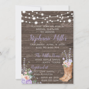 Lilac Lavendar Country Floral Cowboy Boot Invitation