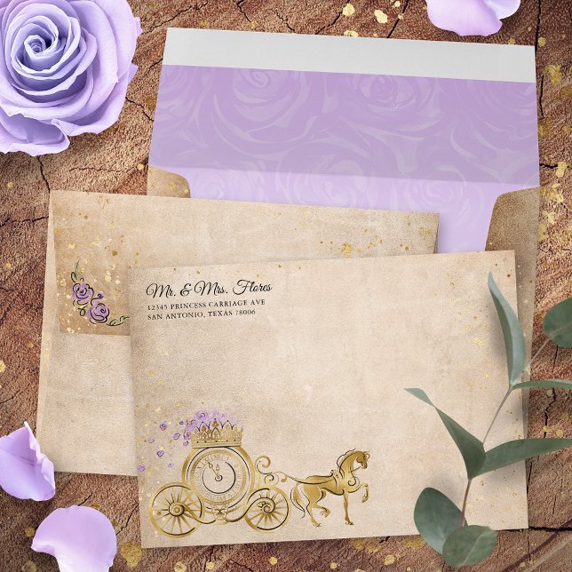 Lilac Lavender and Gold Carriage Return Address Envelope (Personalized lilac lavender and gold princess themed return address envelopes for your magical day.)