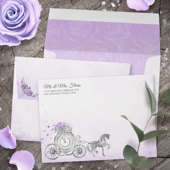 Lilac Lavender and Silver Carriage Return Address Envelope (Personalize your own elegant fairytale princess lilac and lavender return address envelopes.)