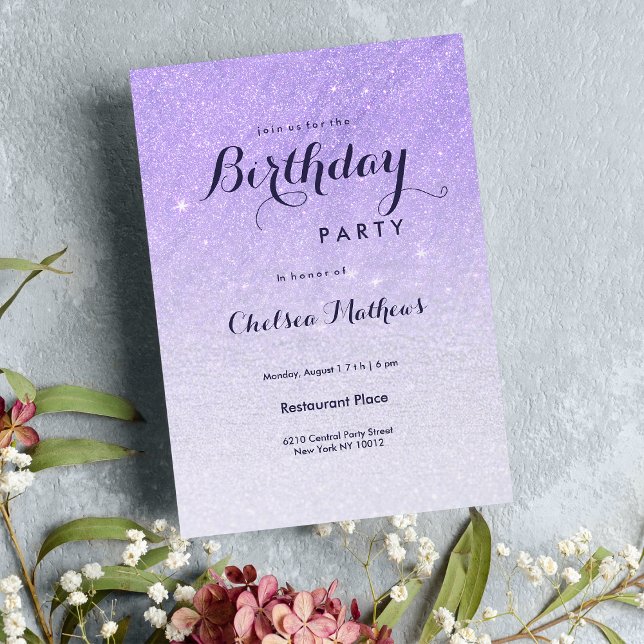Lilac lavender faux glitter ombre Birthday Party Invitation (Chic modern navy blue gold luxury Wedding Menu)
