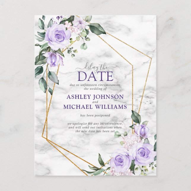 Lilac Lavender Gold Geometric Delay The Date Announcement Postcard (Front)
