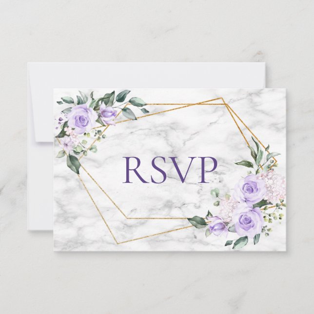 Lilac Lavender Gold Geometric Floral Wedding RSVP Card (Front)