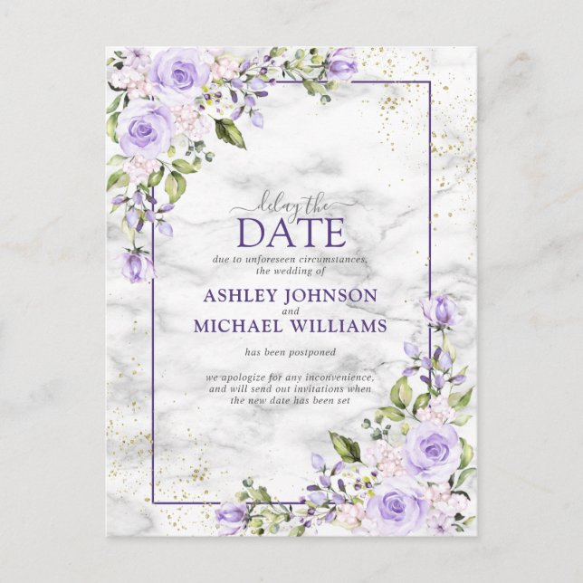 Lilac Lavender Gold Marble Floral Delay The Date Announcement Postcard (Front)