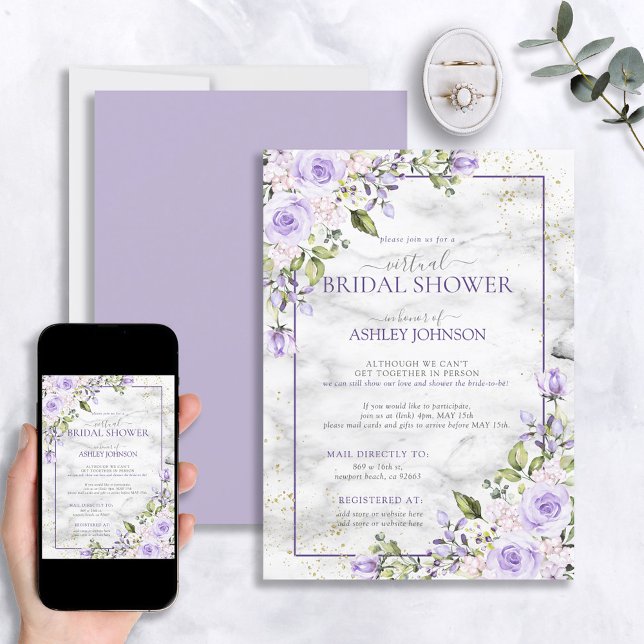 Lilac Lavender Gold Marble Floral Virtual Shower Invitation (Creator Uploaded)