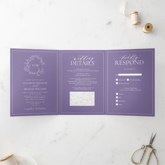 Lilac Lavender Leafy Crest Monogram Wedding Tri-Fold Invitation (Inside)