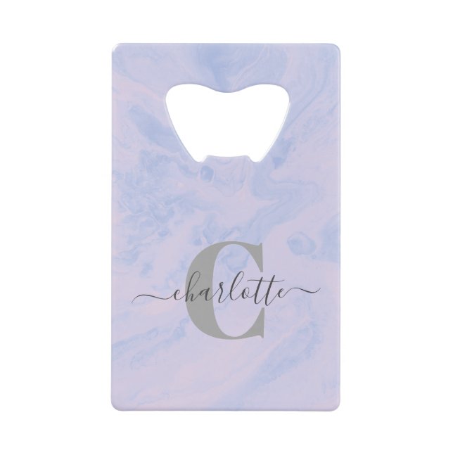 Lilac Lavender Marble Elegant Monogram Name Credit Card Bottle Opener (Front)