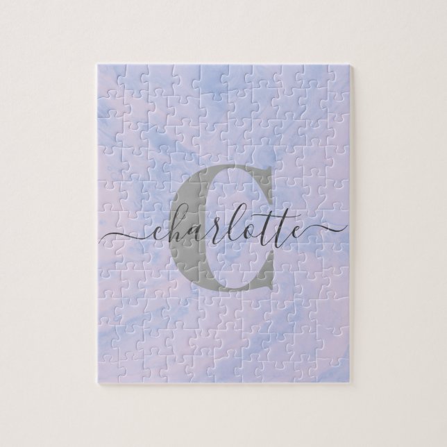 Lilac Lavender Marble Elegant Monogram Name Jigsaw Puzzle (Vertical)