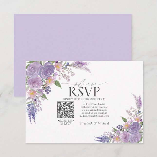 Lilac Lavender Mauve Floral QR Code Wedding RSVP (Front/Back)