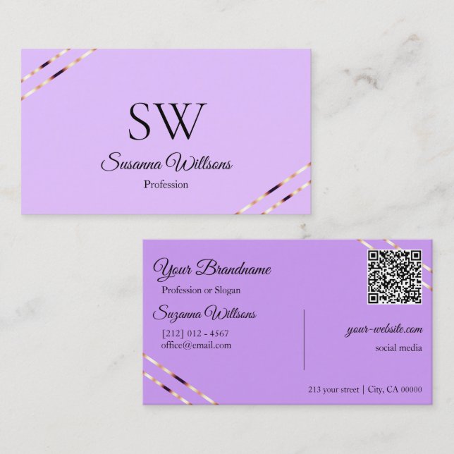 Lilac Lavender Rose Gold Lines Monogram QR Code Business Card (Front/Back)