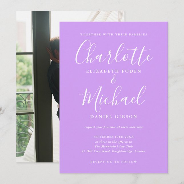 Lilac Lavender Signature Script Photo Wedding Invitation (Front/Back)