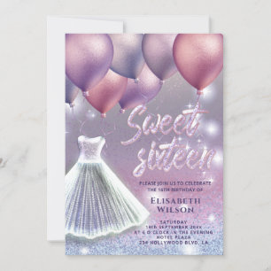Lilac lavender sparkling glittery dress balloon in invitation