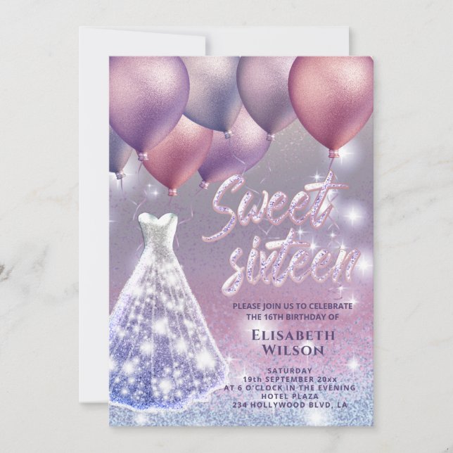 Lilac lavender sparkling glittery dress balloon invitation (Front)