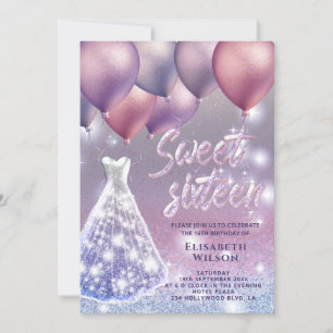Lilac lavender sparkling glittery dress balloon invitation