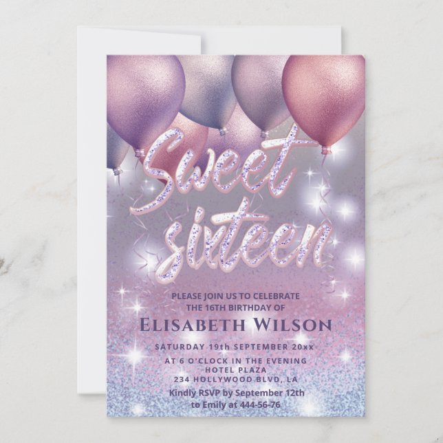 Lilac lavender sparkling glittery ombre balloon in invitation (Front)