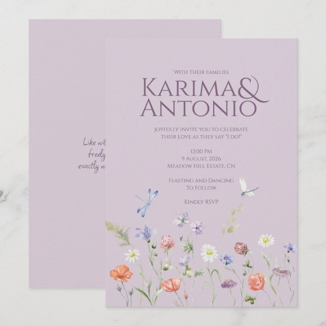 Lilac Lavender Whimsy Wildflower  Invitation (Front/Back)