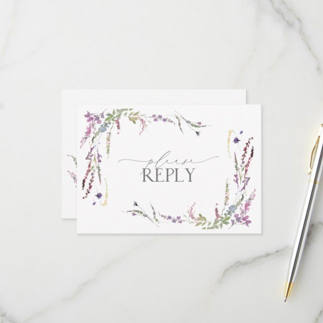 Lilac Lavender Wildflowers Watercolor Wedding RSVP (Front/Back In Situ)