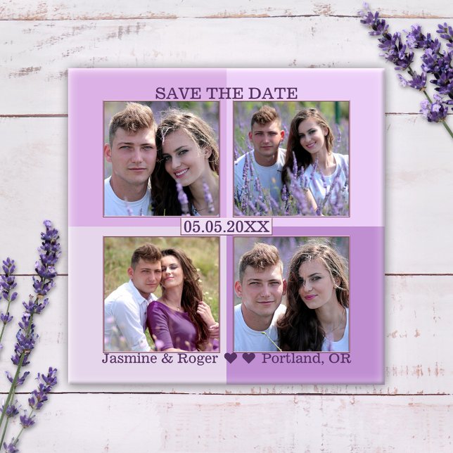 Lilac Lavender Your 4 Photos Save the Date Magnet (Save the Date magnet featuring your own 4 photos framed by a checkered lilac and lavender background)