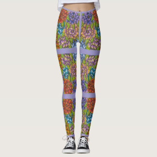 Lilac Leggings With Colourful Flowers and Stripes