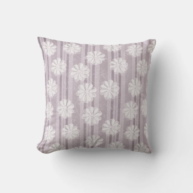 Lilac Linen Stripe Flowers Throw Pillow (Front)