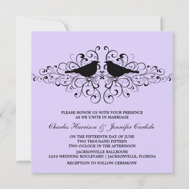 Lilac Love Bird Swirls Wedding Invitation (Front)