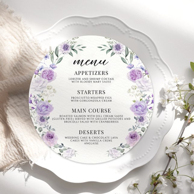 Lilac Mariage moderne violet menu plat rond (Créateur téléchargé)