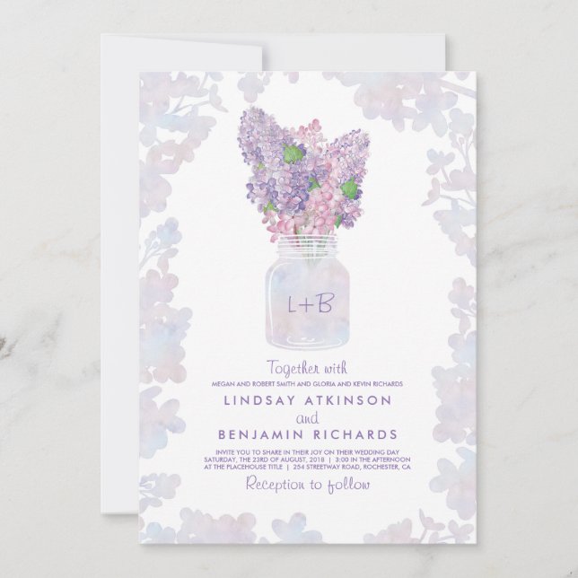 Lilac Mason Jar | Floral Watercolor Rustic Wedding Invitation (Front)