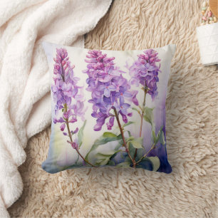 Lilac May Birth Flower Watercolor Botanical Purple Throw Pillow