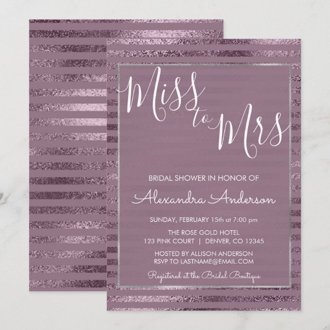 Lilac Metallic Foil Miss to Mrs Bridal Shower Invitation (Front/Back)