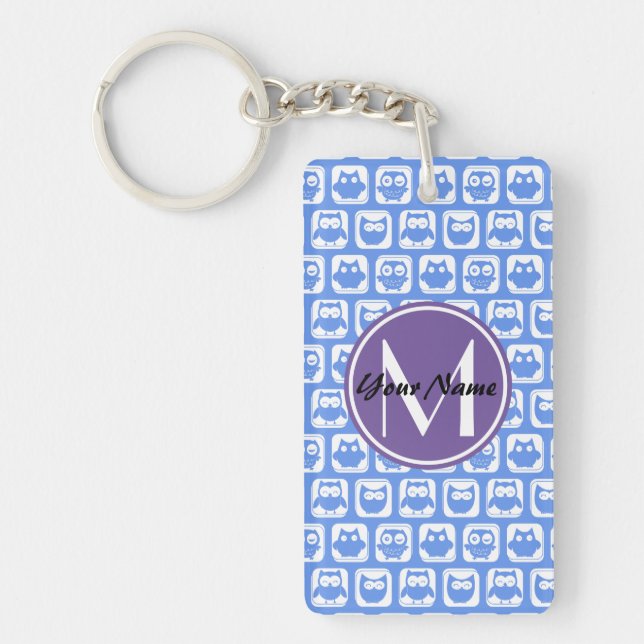 Lilac Monogram Blue and White Owl Pattern Keychain (Front)