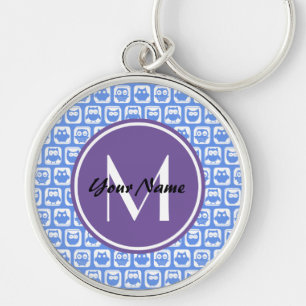 Lilac Monogram Blue and White Owl Pattern Keychain