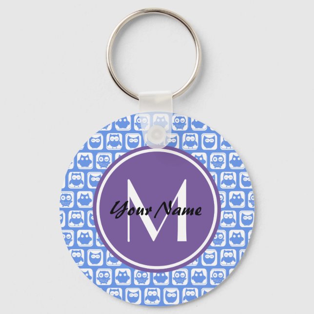 Lilac Monogram Blue and White Owl Pattern Keychain (Front)