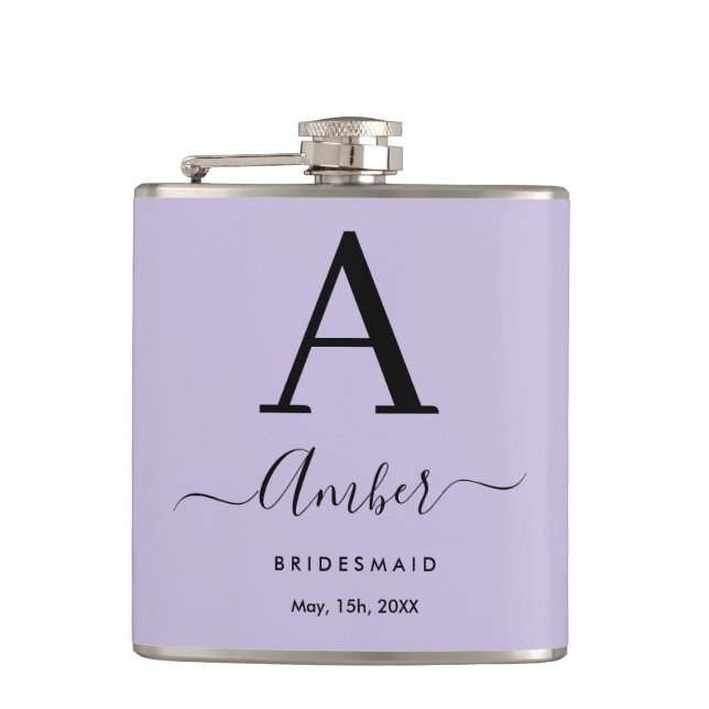 Lilac Monogram Personalized Bridesmaid Hip Flask (Front)