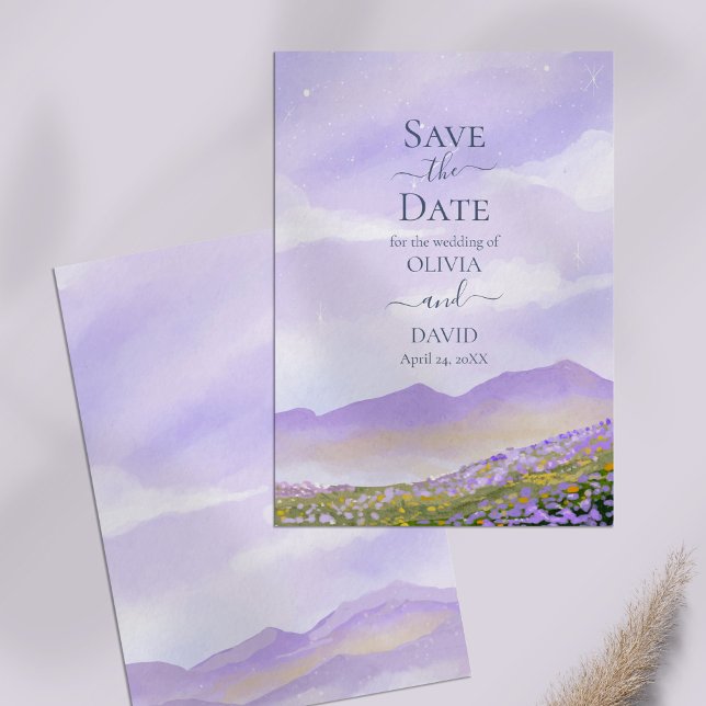 Lilac Night Mountain Field Save the Date Card (Lilac Night Mountain Field Save the Date Card on lilac table.)