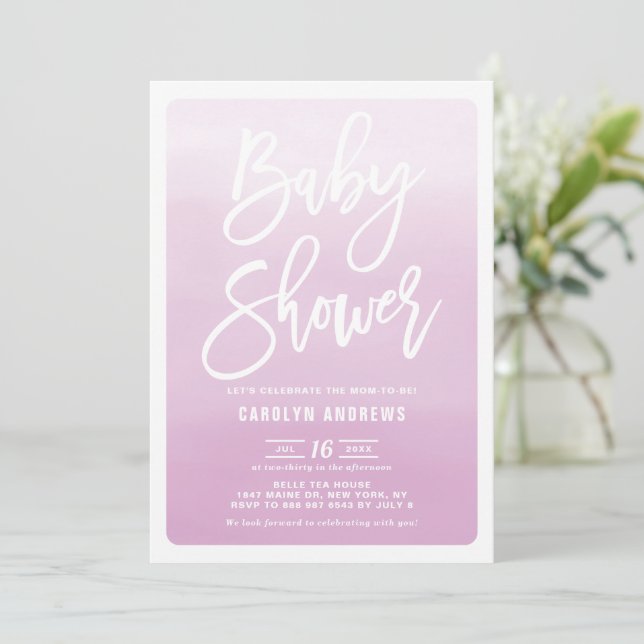 Lilac Ombre Modern Calligraphy Baby Shower Invitation (Standing Front)