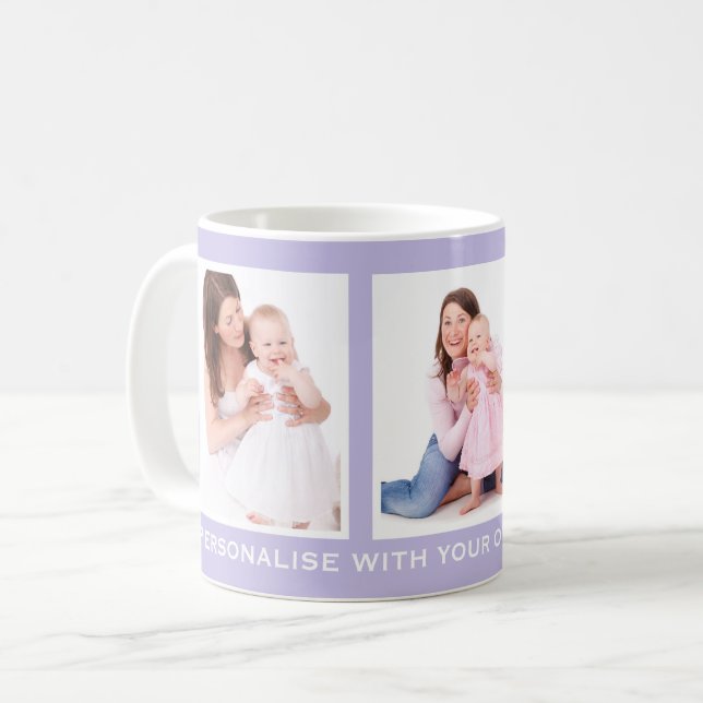 Lilac or Custom Colour 3 Photo Personalised Coffee Mug (Front Left)
