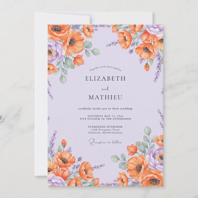 Lilac Orange Poppy Wedding Invitation (Front)
