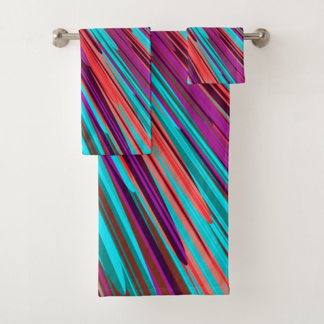Lilac Orange Teal Abstract Geometric Feathers Bath Towel Set (Insitu)