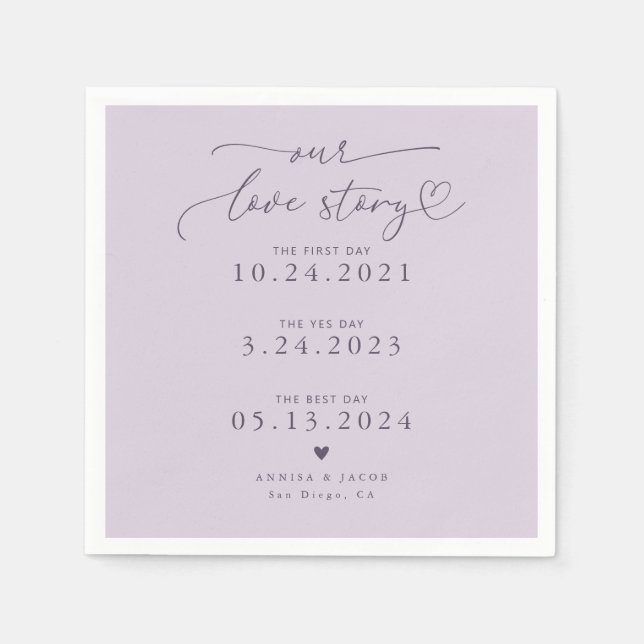 Lilac Our Love Story Elegant Script Wedding Napkin (Front)