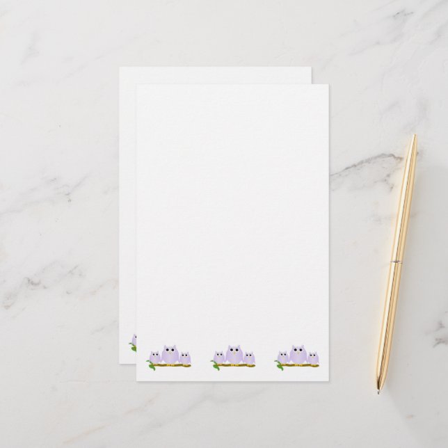 Lilac Owls Design Stationery (Front/Back In Situ)