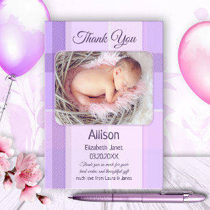 Lilac Pastel Plaid Baby Photo Thank You Card