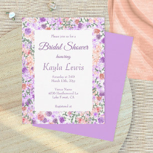 Lilac, Peach Floral Bridal Shower w/ Rose Border Invitation