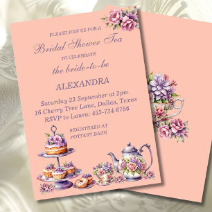 Lilac Peach Floral Whimsical Tea Bridal Shower  Invitation