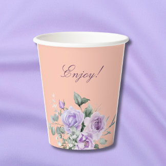 Lilac Peach Peony Floral Baby Shower Paper Cups